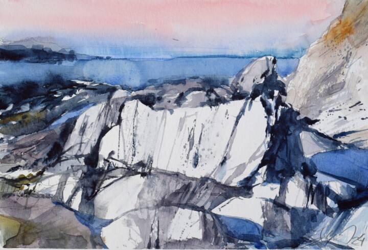 Painting titled "Stone by the sea" by Goran Žigolić (watercolors), Original Artwork, Watercolor