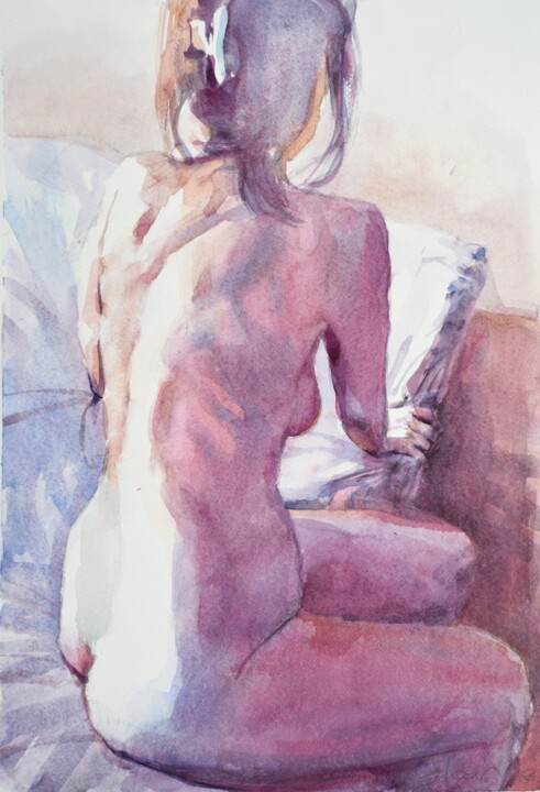 Painting titled "Nude womans back" by Goran Žigolić (watercolors), Original Artwork, Watercolor