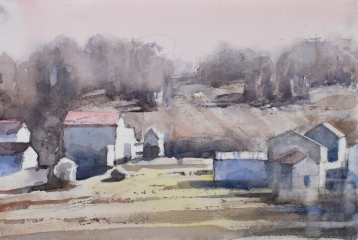 Painting titled "Village in long sha…" by Goran Žigolić (watercolors), Original Artwork, Watercolor