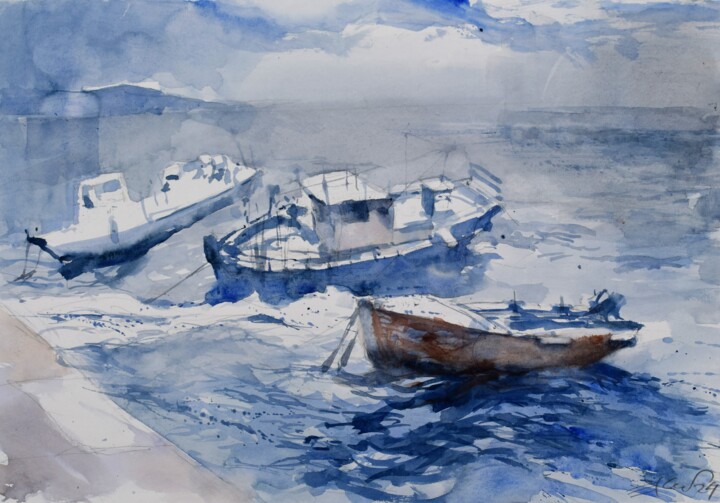 Malarstwo zatytułowany „Three boats at stor…” autorstwa Goran Žigolić (watercolors), Oryginalna praca, Akwarela