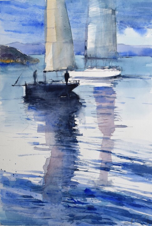 Painting titled "Two sailboats" by Goran Žigolić (watercolors), Original Artwork, Watercolor