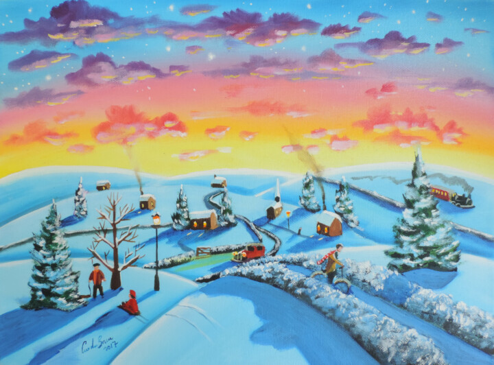 Painting titled "Winter town II" by Gordon Bruce, Original Artwork, Oil