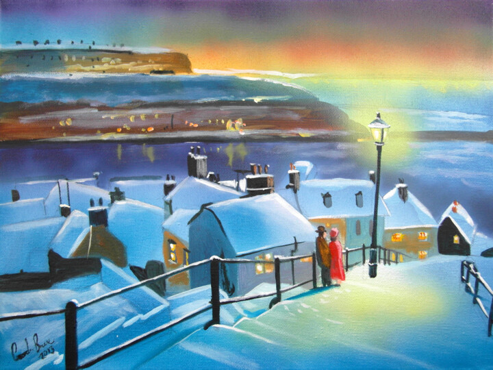 Painting titled "Whitby 199 steps in…" by Gordon Bruce, Original Artwork, Oil Mounted on Wood Stretcher frame