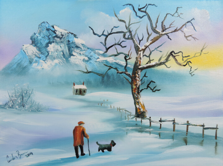 Painting titled "Walking the dog in…" by Gordon Bruce, Original Artwork, Oil