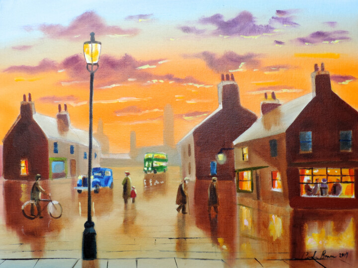 Painting titled "Evening in town" by Gordon Bruce, Original Artwork, Oil Mounted on Wood Stretcher frame