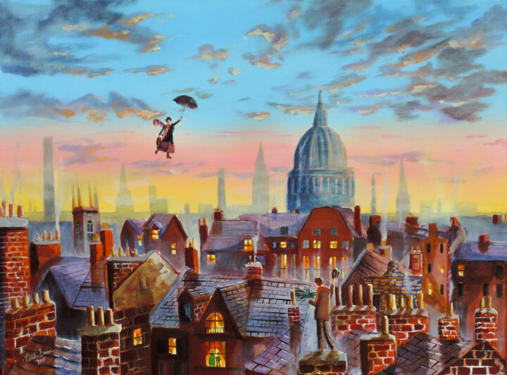 Painting titled "Mary Poppins painti…" by Gordon Bruce, Original Artwork, Oil Mounted on Wood Stretcher frame