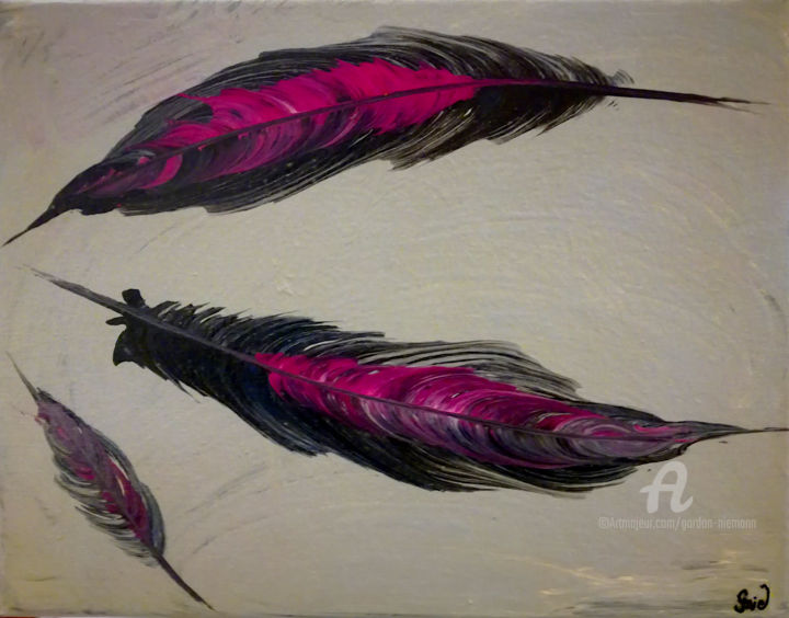 「feathers」というタイトルの絵画 Gor Don(Gnie)によって, オリジナルのアートワーク, アクリル ウッドストレッチャーフレームにマウント