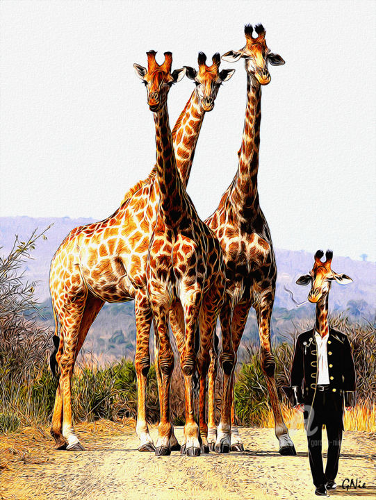「irritated giraffes」というタイトルのデジタルアーツ Gor Don(Gnie)によって, オリジナルのアートワーク, 写真モンタージュ