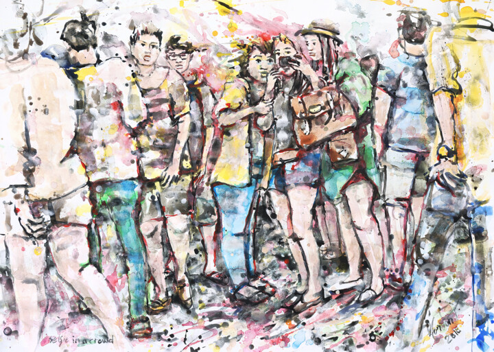 Pittura intitolato "Selfie in a crowd" da Gordonartist1, Opera d'arte originale, Acrilico