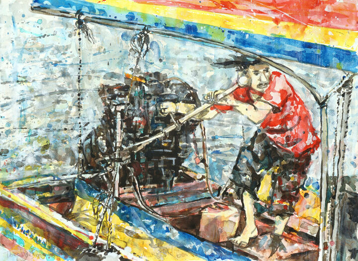 Pittura intitolato "The boatman, Longta…" da Gordonartist1, Opera d'arte originale, Acrilico