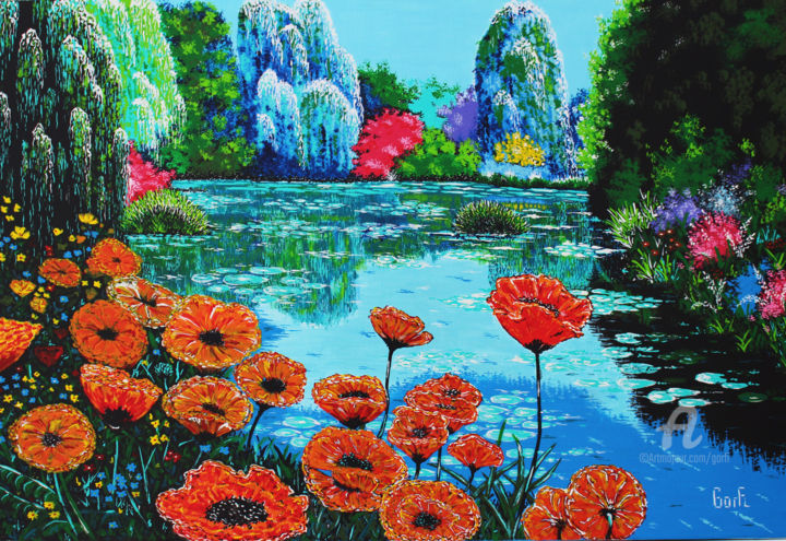 Peinture intitulée "L'étang-bleu" par Gorfi, Œuvre d'art originale