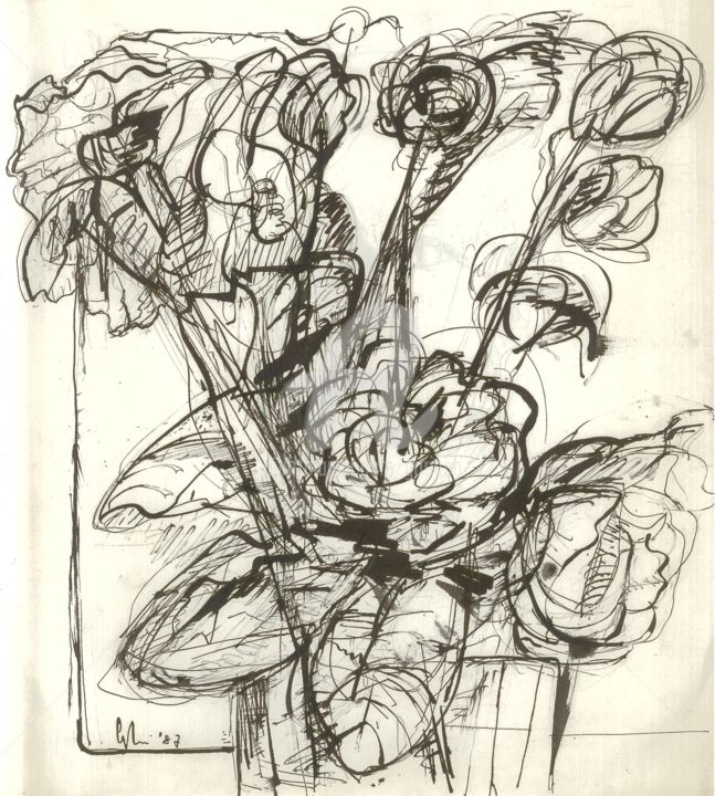 Dessin intitulée "vaso-di-fiori" par Bruno, Œuvre d'art originale, Encre