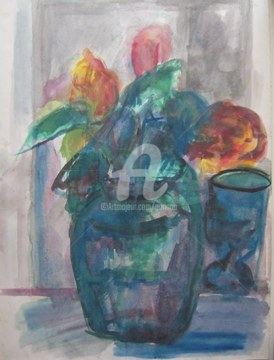 Disegno intitolato "fiori con bicchiere" da Bruno, Opera d'arte originale, Altro