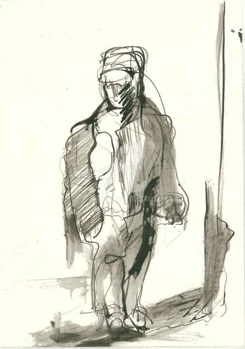 "aspettando il bus" başlıklı Resim Bruno tarafından, Orijinal sanat, Mürekkep