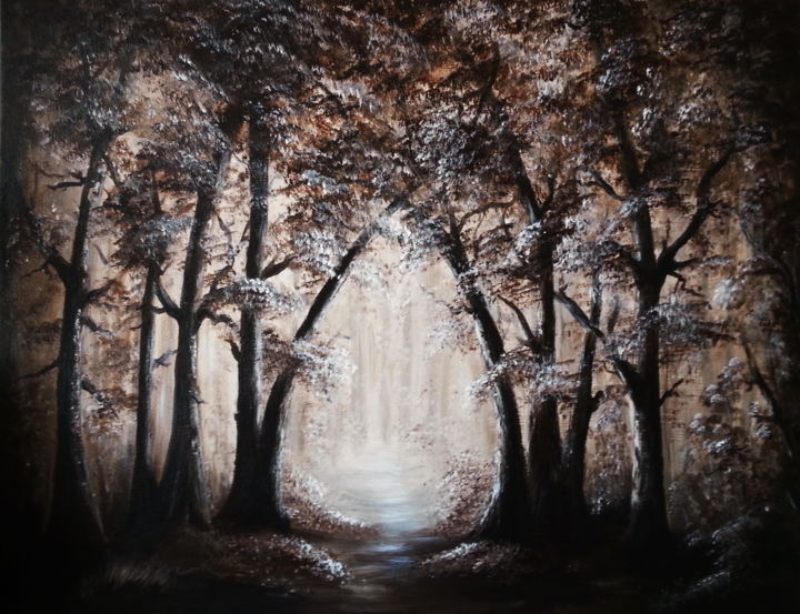 Pintura intitulada "sunrise in the woods" por Malgorzata Kuraczyk, Obras de arte originais