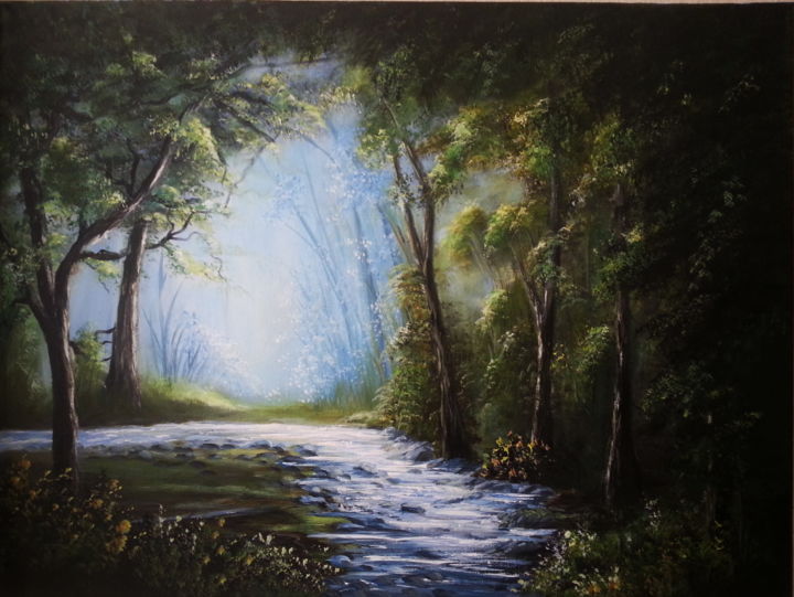 Pittura intitolato "River in the forest" da Malgorzata Kuraczyk, Opera d'arte originale