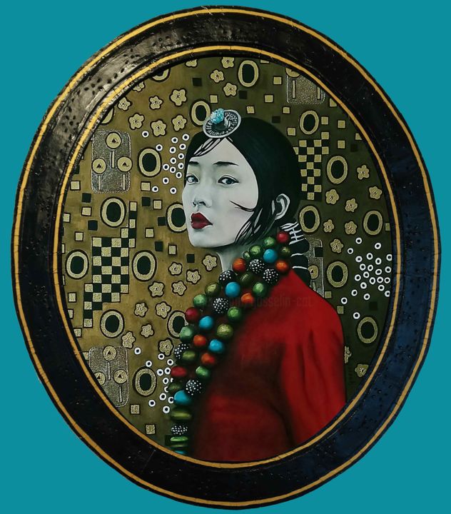 Painting titled "La Chinoise au coll…" by Catherine Gosselin, Original Artwork, Oil Mounted on Wood Stretcher frame