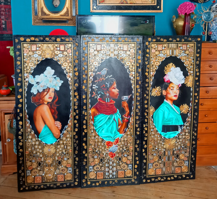Painting titled ""Les 3 Grâces"" by Catherine Gosselin, Original Artwork, Oil Mounted on Wood Stretcher frame