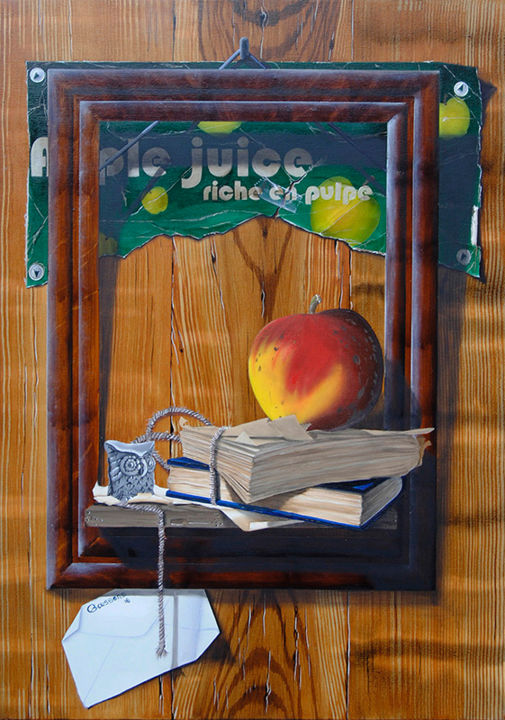 Peinture intitulée "pomme-et-livres.jpg" par Alain Goussens, Œuvre d'art originale, Huile