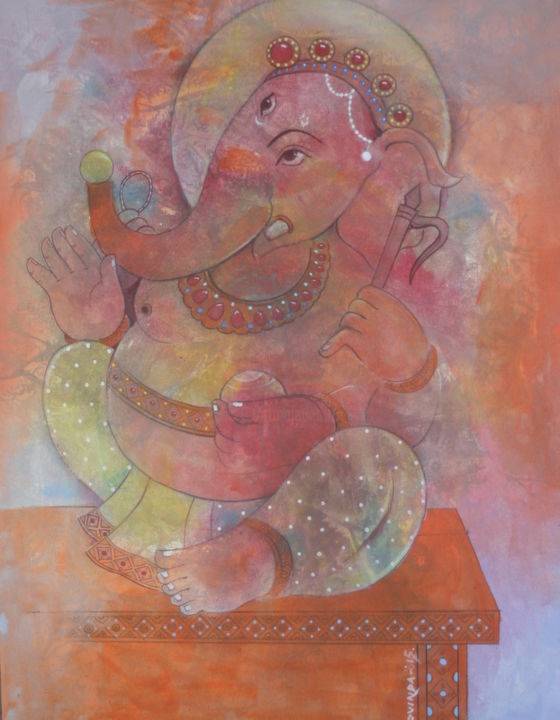 Painting titled "Jal Binayak Ganesha" by Govinda Dongol, Original Artwork, Acrylic
