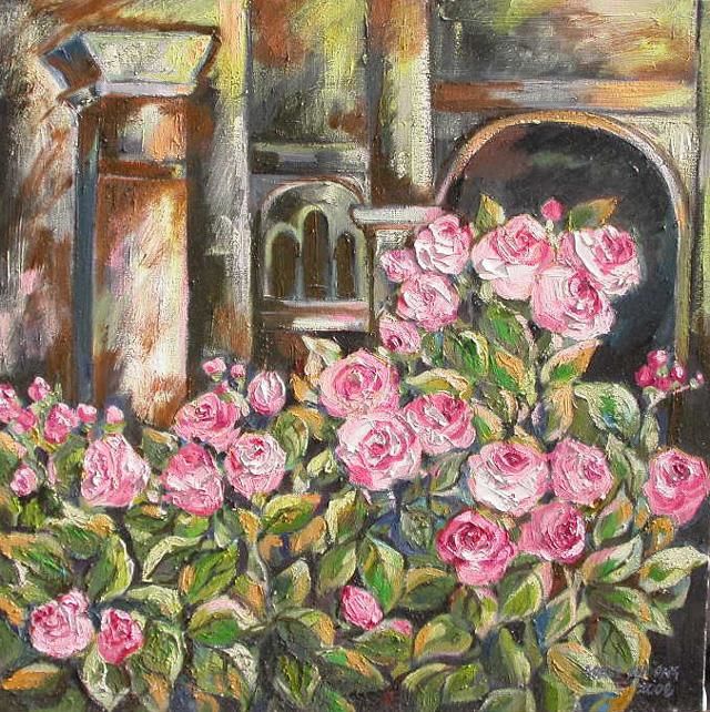 Painting titled "Turkey pink roses" by Grace Choong, Original Artwork, Oil