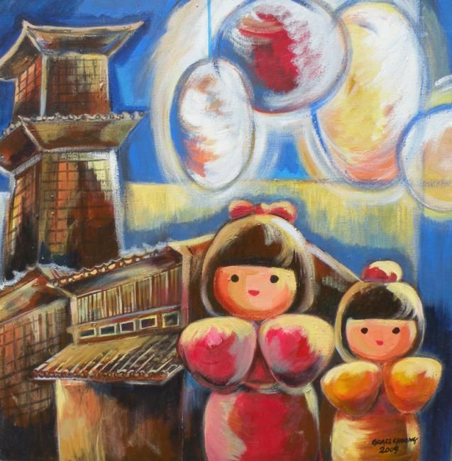 Malerei mit dem Titel "Japanese_dolls_1_ac…" von Grace Choong, Original-Kunstwerk, Öl
