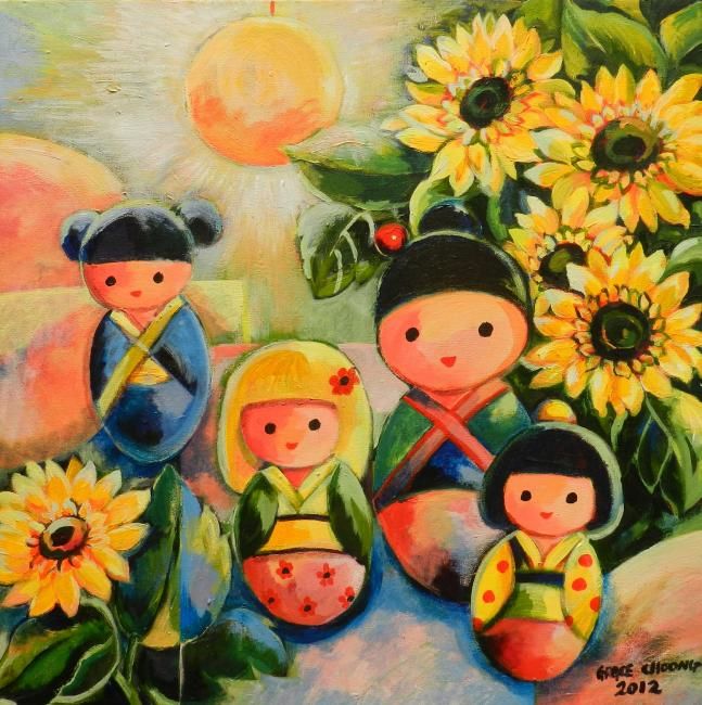 Painting titled "Japanese dolls and…" by Grace Choong, Original Artwork, Oil