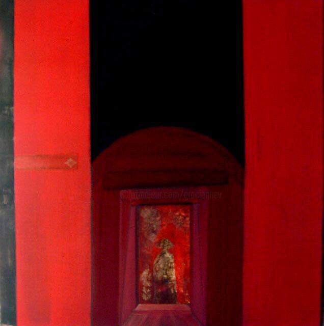 Painting titled "La Maison rouge" by Gracianne Vallet, Original Artwork, Oil Mounted on Wood Stretcher frame