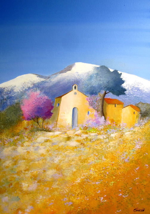 Peinture intitulée "La chapelle provenç…" par Graciela Grimaldi, Œuvre d'art originale, Acrylique