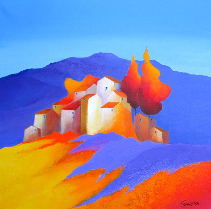 Painting titled "Les monts bleus, cy…" by Graciela Grimaldi, Original Artwork, Acrylic Mounted on Wood Stretcher frame