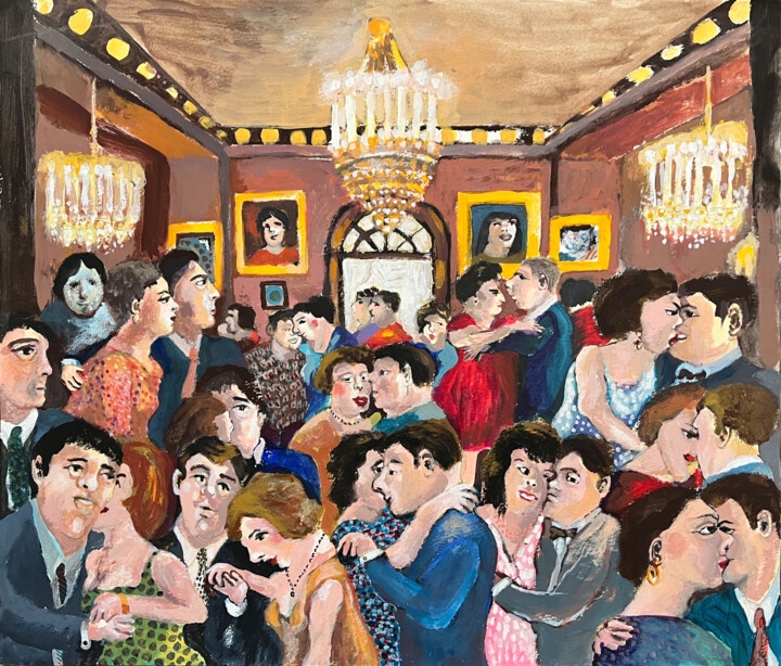 Painting titled ""Bal sous les lustr…" by Grand ' A, Original Artwork, Gouache Mounted on Wood Panel