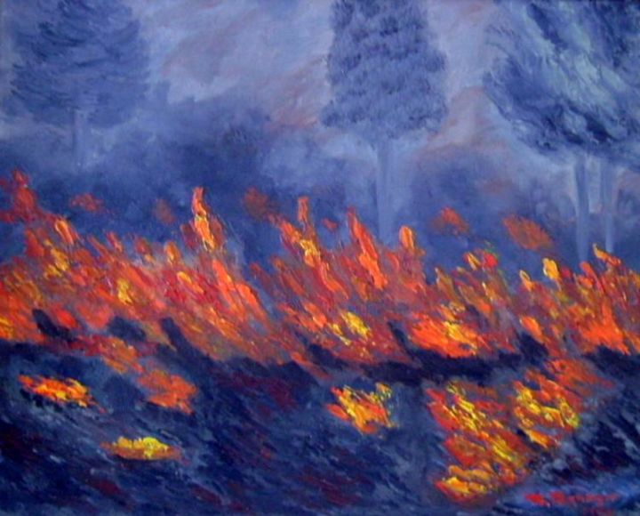 Painting titled "le feu" by Micheline Ménager, Original Artwork, Oil