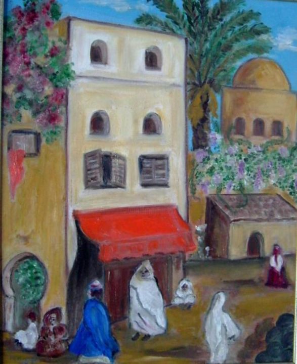 Painting titled "scène de rue" by Micheline Ménager, Original Artwork