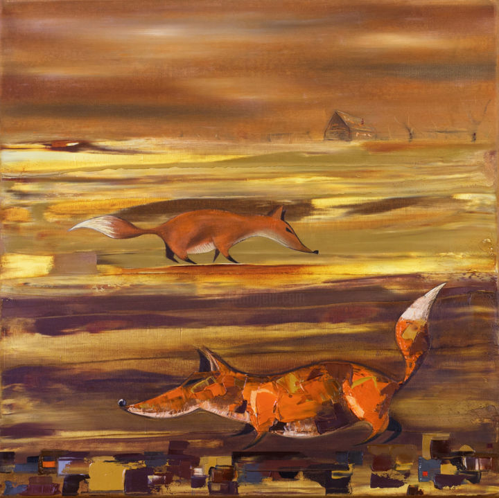 Painting titled "Hunting Foxes" by Nikita Grazhevskiy, Original Artwork, Oil Mounted on Wood Stretcher frame