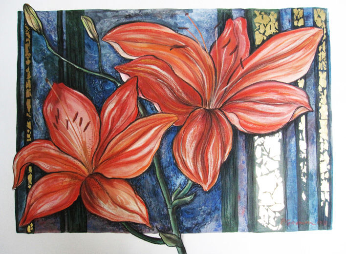 Painting titled "red lillies" by Pnina Granirer, Original Art, Acrylic