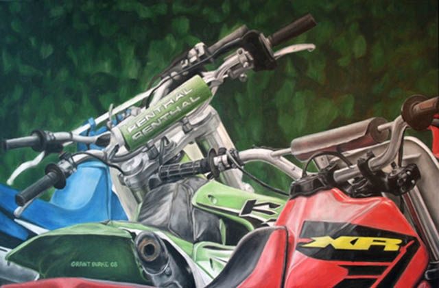 Painting titled "Dirtbikes in a Row" by Grant Burke, Original Artwork, Oil