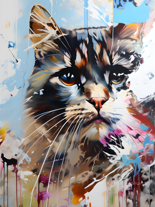 Digital Arts titled "Painted cat" by Graphicnoir, Original Artwork, AI generated image