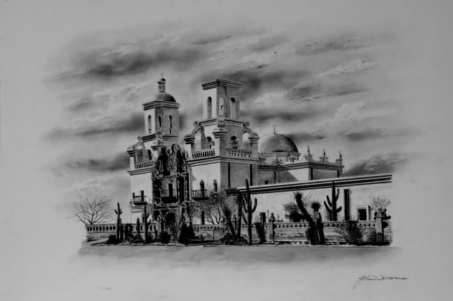 Drawing titled "San Xavier Mission" by John Bowman, Original Artwork, Other