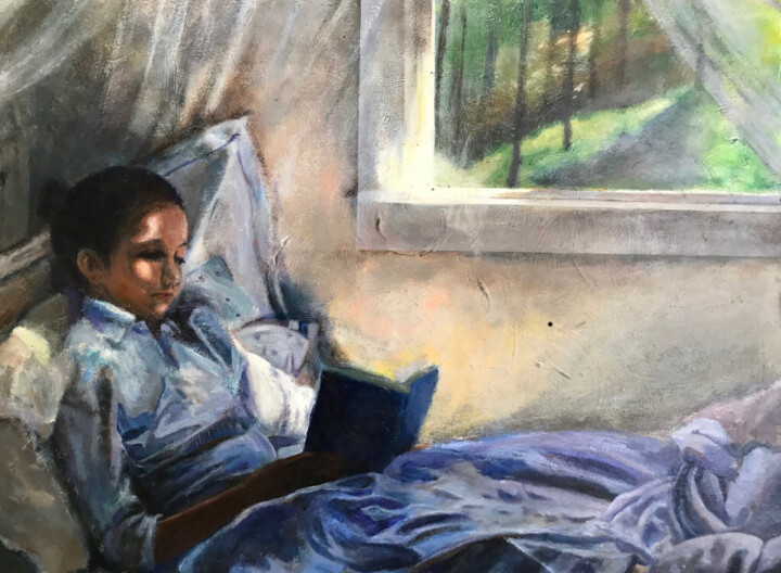 Painting titled "少女看書" by Candy Hui, Original Artwork, Acrylic