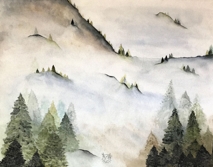Painting titled "Berge im Nebel" by Gratiana Joanna, Original Artwork, Watercolor