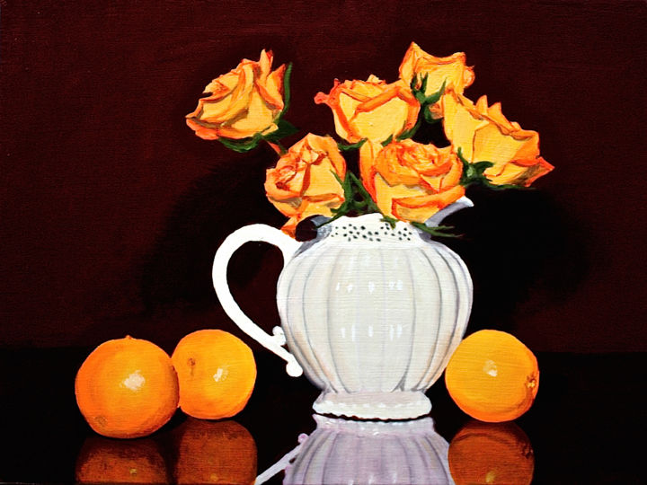 Schilderij getiteld "Orange Roses & Oran…" door Gray Jacobik, Origineel Kunstwerk, Olie