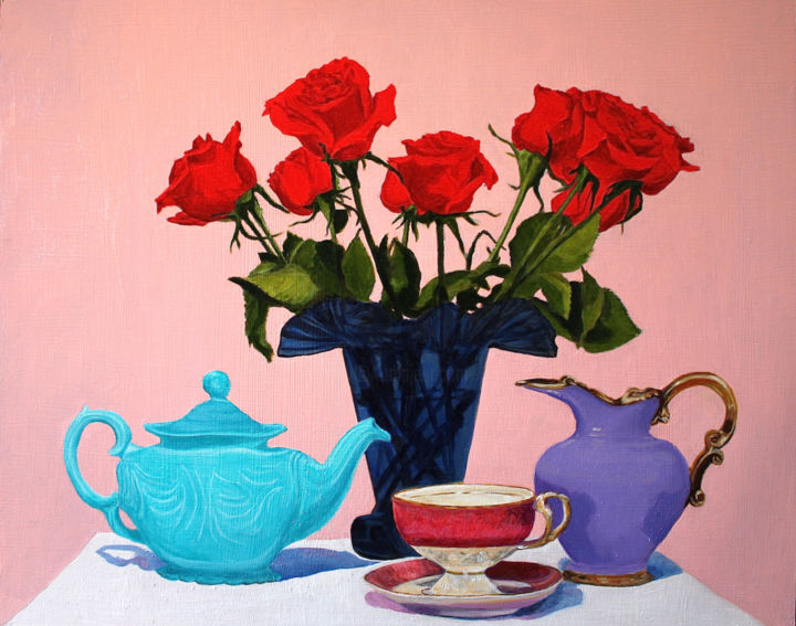 Schilderij getiteld "Roses Are Red, Teap…" door Gray Jacobik, Origineel Kunstwerk, Olie