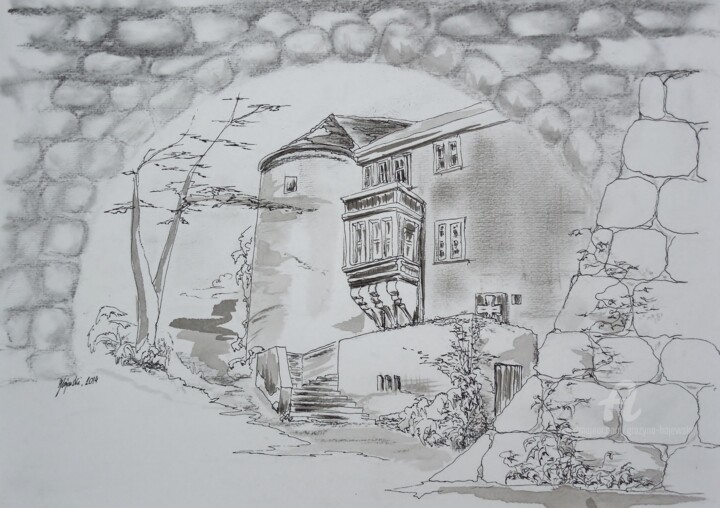 Zeichnungen mit dem Titel "wasserburg-neuhaus-…" von Grazyna Hajewski, Original-Kunstwerk, Kohle