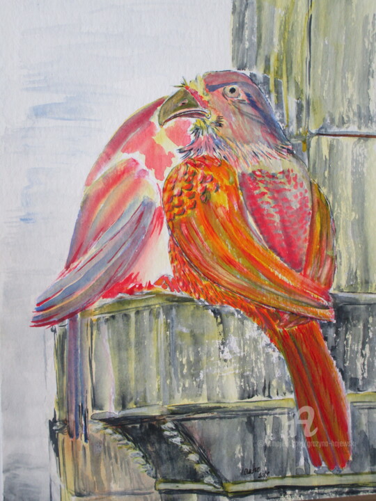 Painting titled "motley birds, count…" by Grazyna Hajewski, Original Artwork, Watercolor