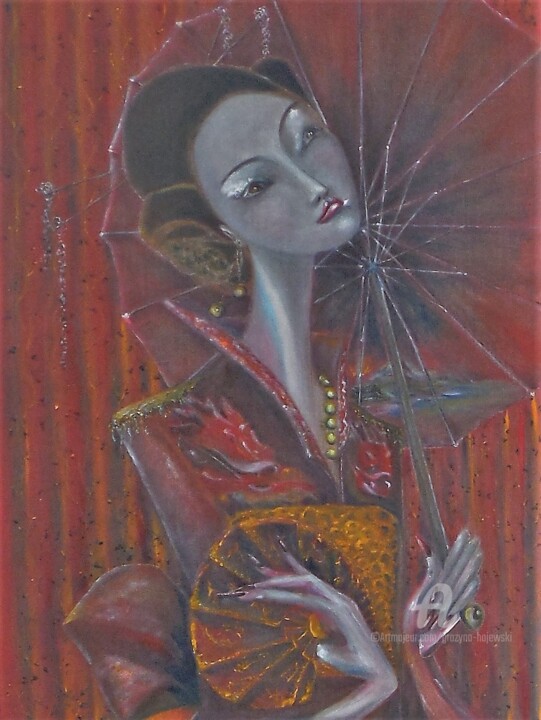 Painting titled "geisha-with-umbrell…" by Grazyna Hajewski, Original Artwork, Oil