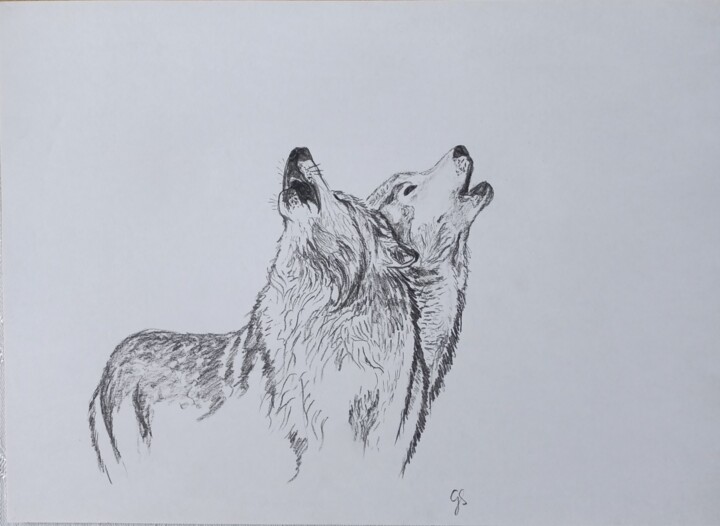 Rysunek zatytułowany „Wyjące wilki” autorstwa Grażyna Przybylak, Oryginalna praca, Ołówek