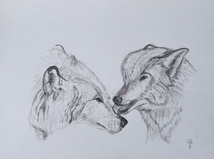 Rysunek zatytułowany „Para wilków 04” autorstwa Grażyna Przybylak, Oryginalna praca, Ołówek