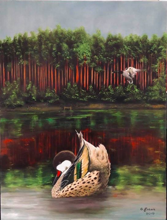 Malarstwo zatytułowany „Kaczka” autorstwa Grazyna Jezak, Oryginalna praca, Olej