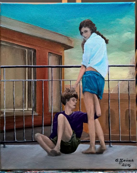 Malarstwo zatytułowany „Na balkonie” autorstwa Grazyna Jezak, Oryginalna praca, Olej
