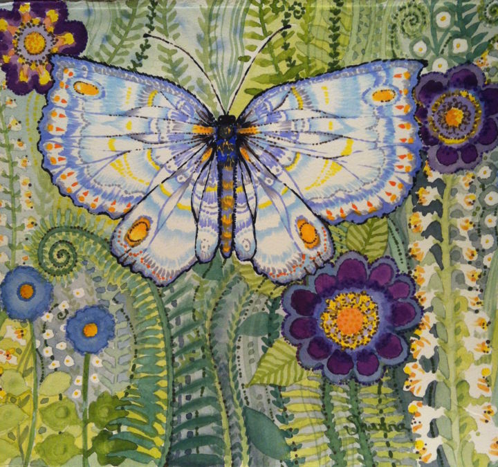 Printmaking titled "The Blue Butterfly" by Shauna Crandall, Original Artwork, Digital Print